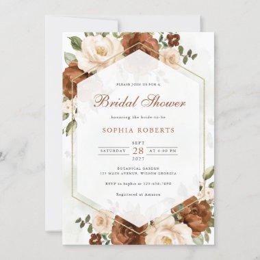 Floral Rust Greenery Gold Geometric Bridal Shower Invitations