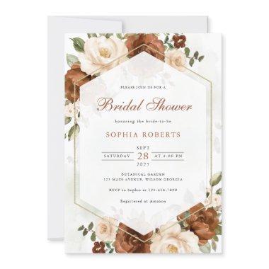 Floral Rust Greenery Gold Geometric Bridal Shower Invitations