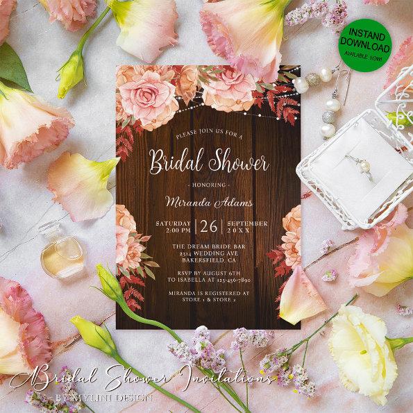 Floral Rustic Wood and String Lights Bridal Shower Invitations