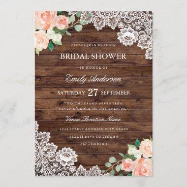 Floral Rustic Wood Lace Bridal Shower Invitations