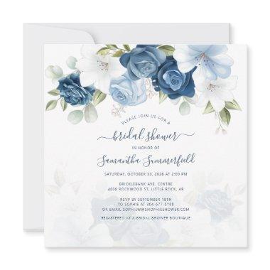 Floral Script Foliage Dusty Blue Bridal Shower Invitations