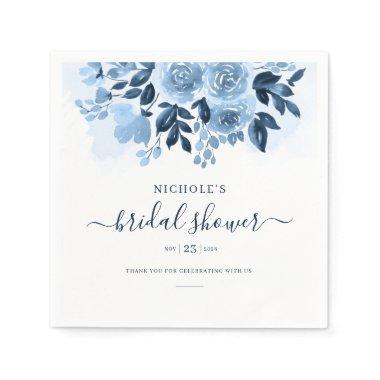 Floral Script Navy Blue Watercolor Bridal Shower Napkins