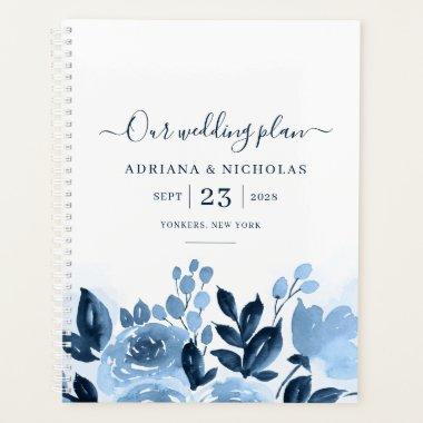 Floral Script Watercolor Navy Blue Wedding Planner