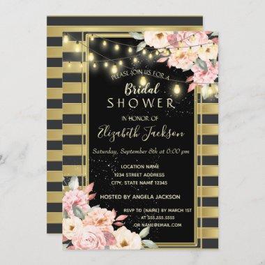 Floral String Lights,Gold Striped Bridal Shower Invitations