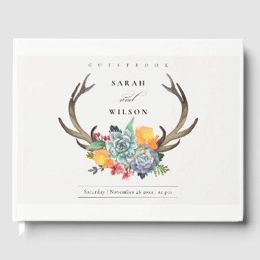 FLORAL SUCCULENT ANTLER BOHEMIAN ALLURE MONOGRAM GUEST BOOK