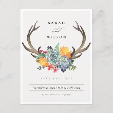 FLORAL SUCCULENT ANTLER BOHEMIAN SAVE THE DATE ANNOUNCEMENT POSTInvitations