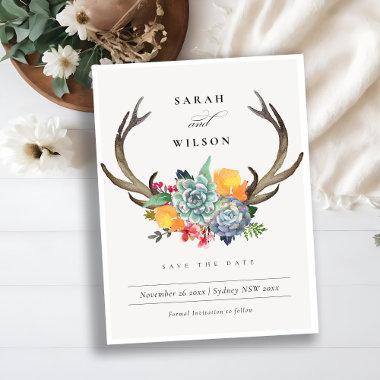 FLORAL SUCCULENT ANTLER BOHEMIAN SAVE THE DATE ANNOUNCEMENT POSTInvitations