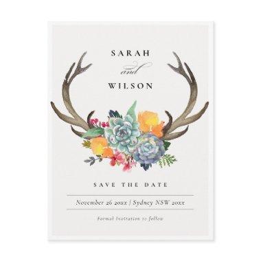 FLORAL SUCCULENT ANTLER BOHEMIAN SAVE THE DATE POSTInvitations