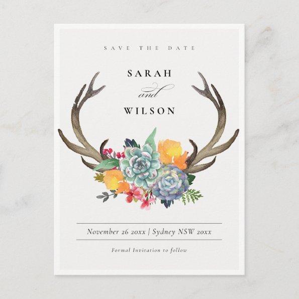 FLORAL SUCCULENT ANTLER BOHEMIAN SAVE THE DATE POSTInvitations