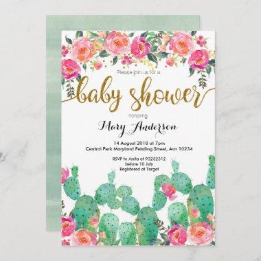 Floral Succulent summer Baby Shower Pink Invitations