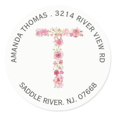 Floral T Initial Monogram Return Address Sticker