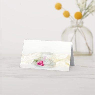 Floral Tea Cup and Pink Roses Wedding Place Invitations