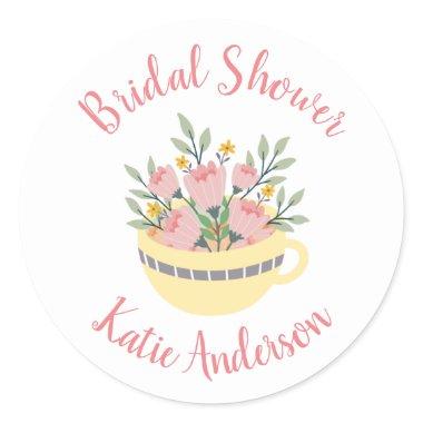 Floral Tea Cup Calligraphy  Classic Round Sticker