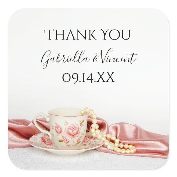 Floral Tea Cup Pearls Wedding Thank You Favor Tag