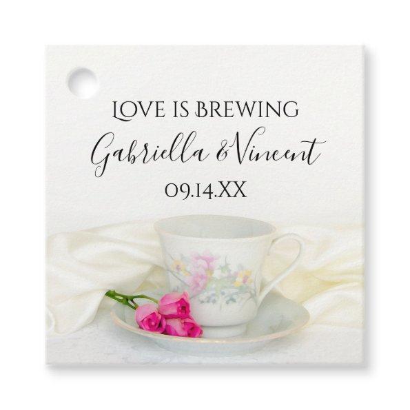 Floral Tea Cup Pink Roses Love is Brewing Wedding Favor Tags