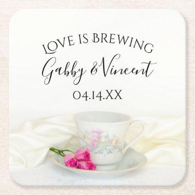 Floral Tea Cup Pink Roses Wedding Love is Brewing Square Paper Coaster