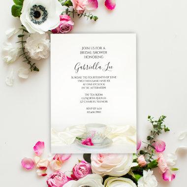 Floral Tea Cup with Pink Roses Bridal Shower Invitations