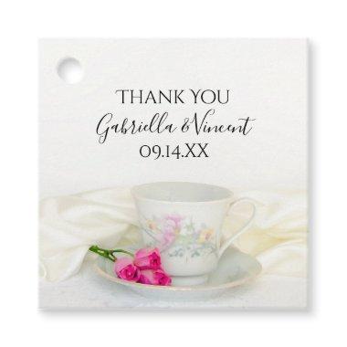 Floral Tea Cup with Pink Roses Wedding Favor Tags