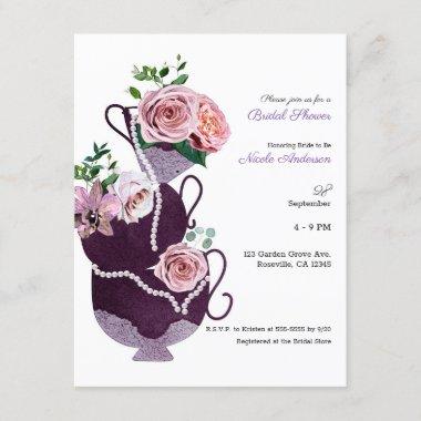 Floral Tea Cups Pearls Vintage Bridal Shower Party Invitations