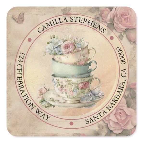Floral Teacups Return Address Envelope Seal