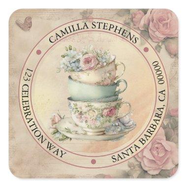 Floral Teacups Return Address Envelope Seal