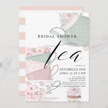 Floral Teapot & Tea Cups Pink Bridal Shower Invitations