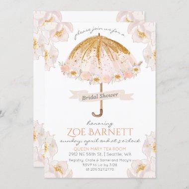 Floral Umbrella Glitter Bridal Shower Invitations