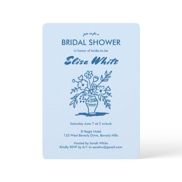 Floral Vase Rustic Whimsical Sketch QR Blue Bridal
