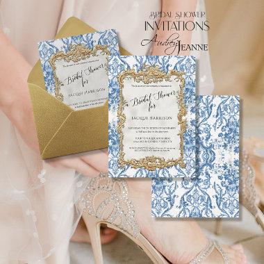 Floral Vintage Elegant Blue Gold Bridal Shower Foil Invitations