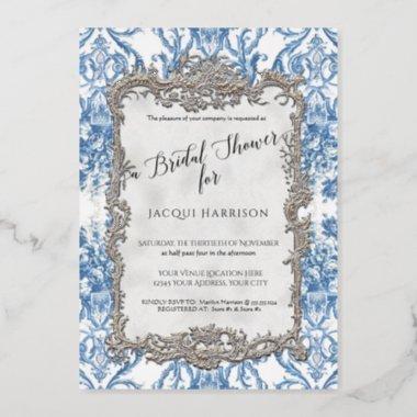 Floral Vintage Elegant Blue Silver Bridal Shower Foil Invitations