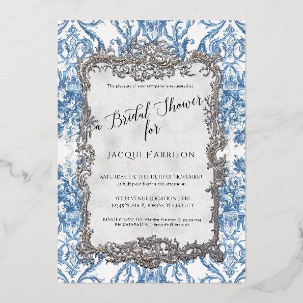 Floral Vintage Elegant Blue Silver  Foil