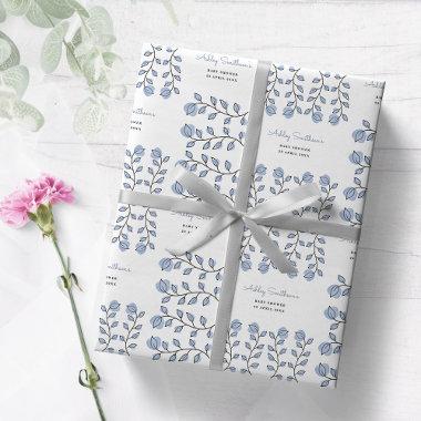 Floral Watercolor Baby Shower (Blue) Wrapping Paper