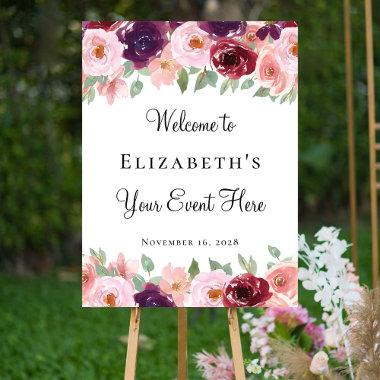 Floral Watercolor Burgundy Blush Any Event Welcome Foam Board