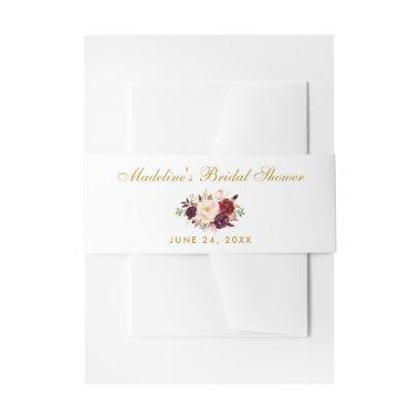 Floral Watercolor Burgundy Gold Bridal Shower Invitations Belly Band