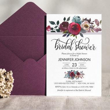 Floral Watercolor Burgundy Purple Bridal Shower Invitations
