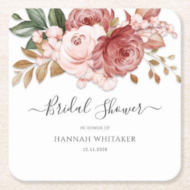 Floral Watercolor Modern Flowers Bridal Shower Square Paper Coaster