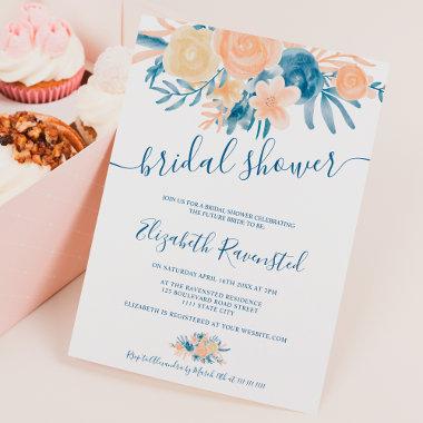 floral watercolor navy blue peach bridal shower Invitations