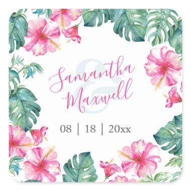 Floral Watercolor Pink and Green Favor Stickers