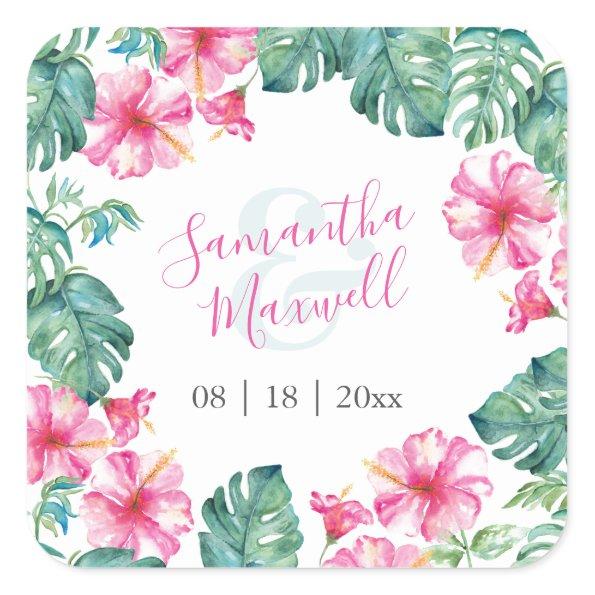 Floral Watercolor Pink and Green Favor Stickers