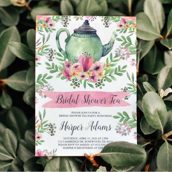 Floral Watercolor Teapot Bridal Shower Tea Invitations