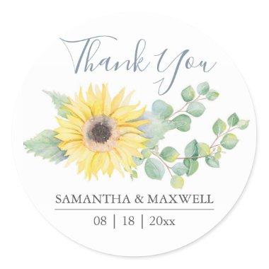 Floral Watercolor Yellow Sunflower Thank You Classic Round Sticker
