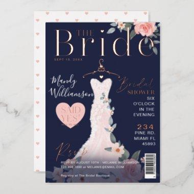 Floral Wedding Dress Bridal Shower Magazine Cover Foil Invitations