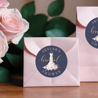 Floral Wedding Dress Navy  Classic Round Sticker