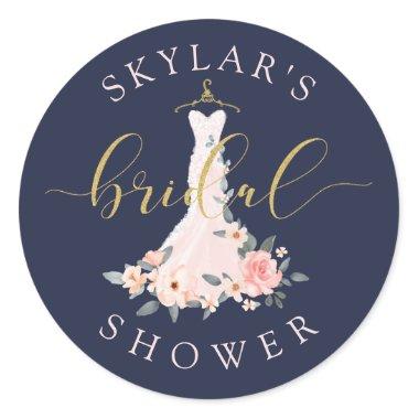 Floral Wedding Dress Navy Bridal Shower Classic Round Sticker