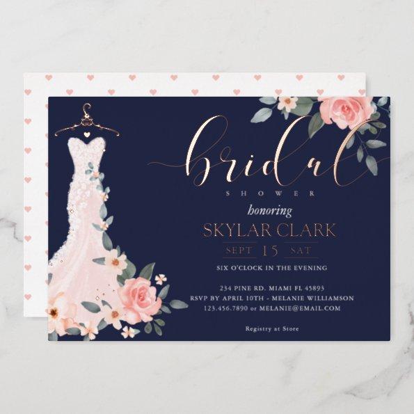Floral Wedding Dress Navy Bridal Shower Foil Invitations