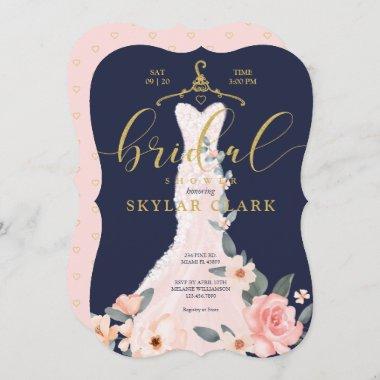 Floral Wedding Dress Navy Bridal Shower Invitations
