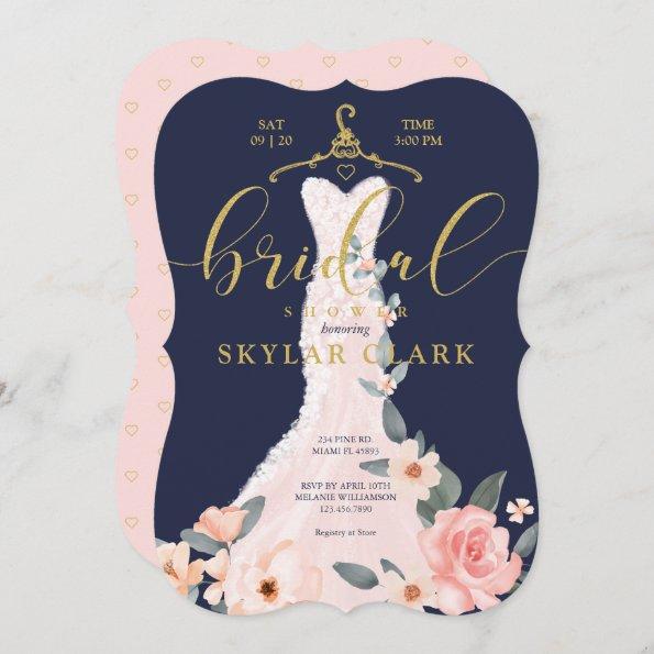 Floral Wedding Dress Navy Bridal Shower Invitations