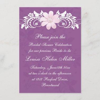 Floral white daisy gerbera on purple Bridal Shower Invitations