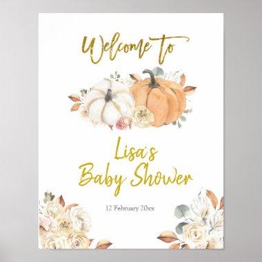 Floral White Pumpkin Baby Shower Welcome Poster