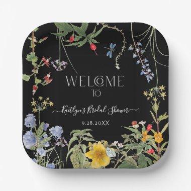 Floral Wildflower Boho Black Welcome Bridal Shower Paper Plates